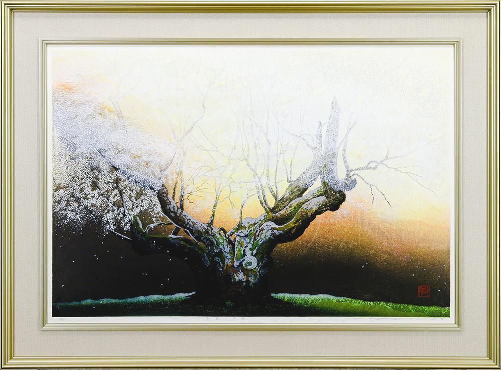 真作 WISH 佐野せいじ 春暁の淡墨 木版画 25号大 大作 1998年作 直筆サイン 自刻自摺 〇ロス カウンティ美術館蔵 25082860