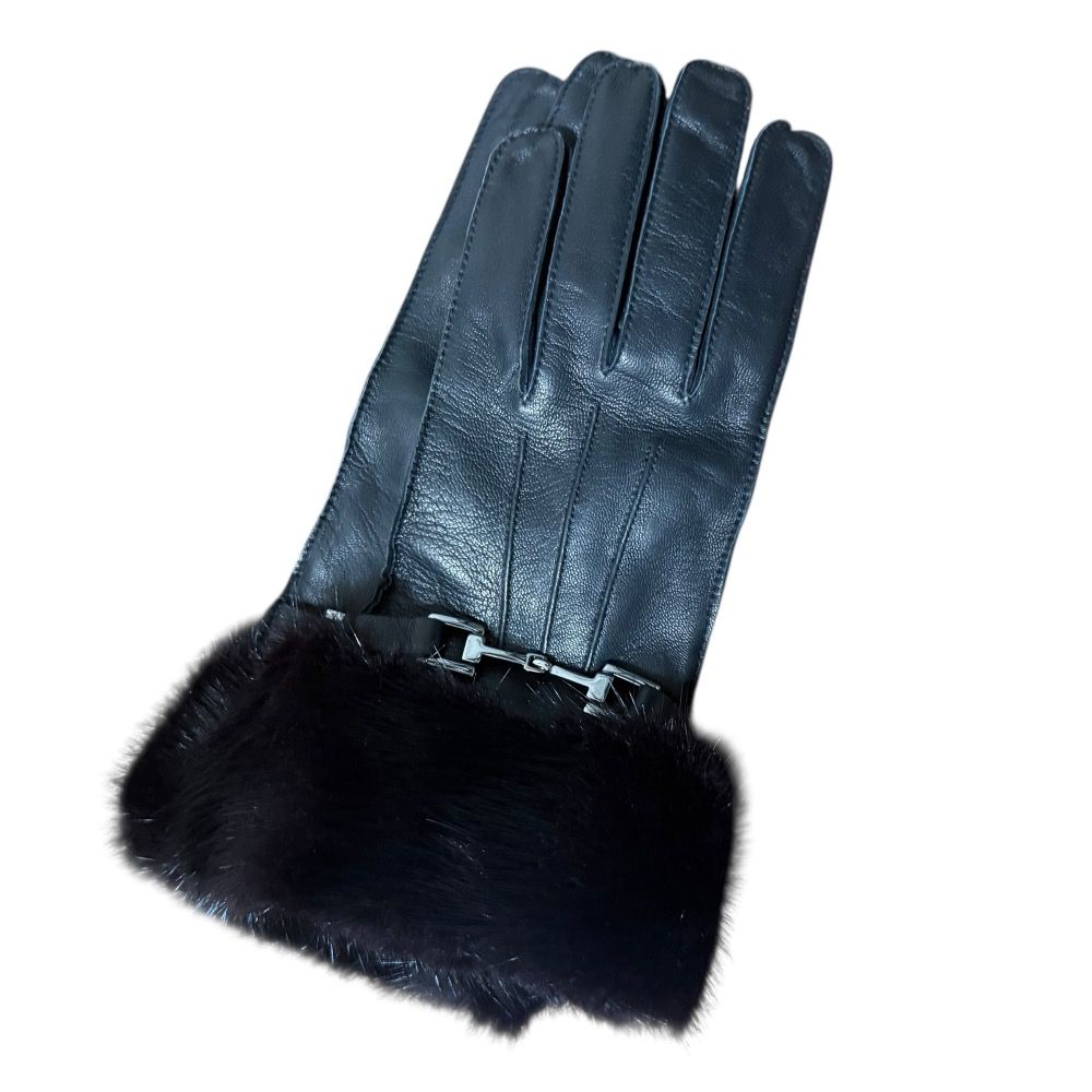 GUCCI グッチ トムフォード期 ミンクファートリム ホースビット グローブ 手袋 7 ブラック レディース 古着