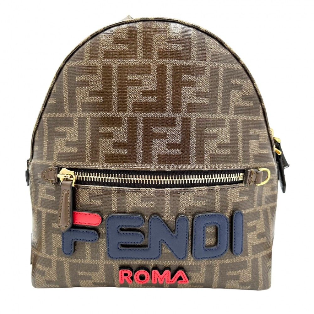 【売り尽くし】 フェンディ リュック メンズ FILAコラボ スモールバックパック ズッカ 鞄 かばん FENDI 8BZ036 PVCコーティングキャンバス レザー ブラウン 茶 ゴールド金具【中古品】