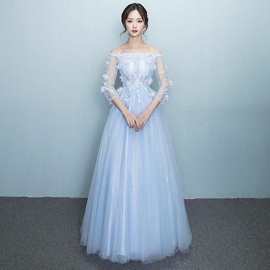Aラインドレス パーティードレス カラードレス 袖あり 発表会 演奏会 ロングドレス フォーマルドレス イブニングドレス 青 ライトブルー オフショルダー 花