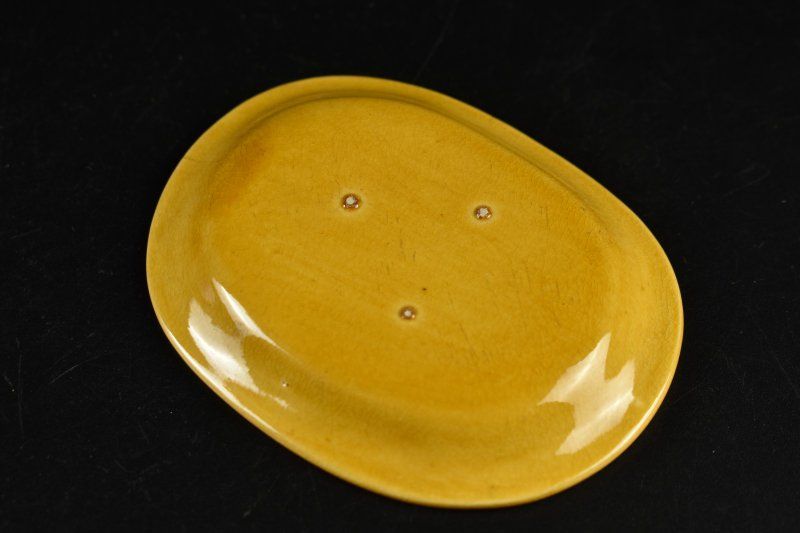 珉平焼/淡路焼 黄交趾龍図小判型皿 十二枚