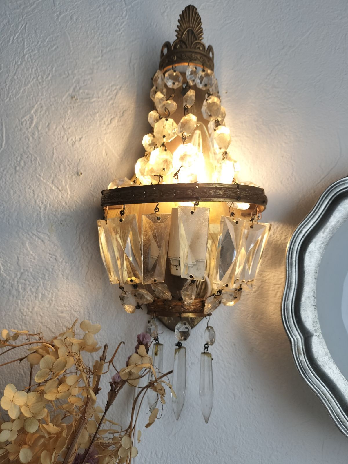 アンティーク　フランス　ガラス装飾　ウォールランプ　ライト　ブラケット　真鍮　ブラス　 フランス アンティーク エンパイア ガラス ランプ 装飾 1灯 ブラケット