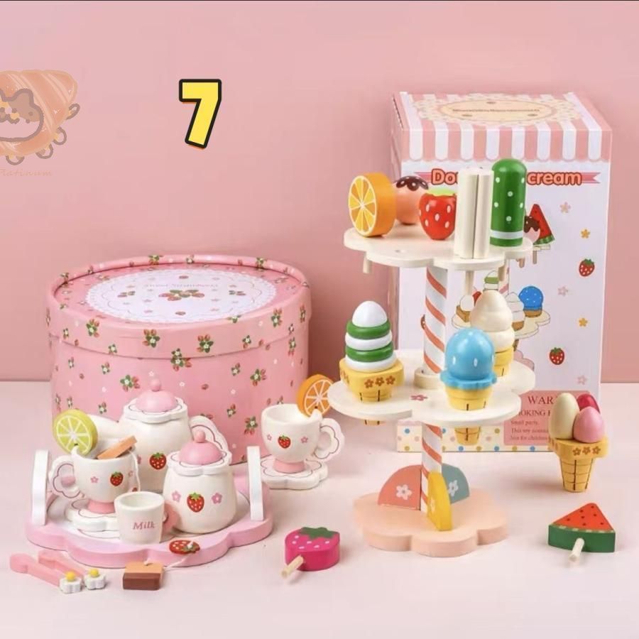 大人気☆】 木のおままごと スウィートカフェリボン+ 桃色ポットセット