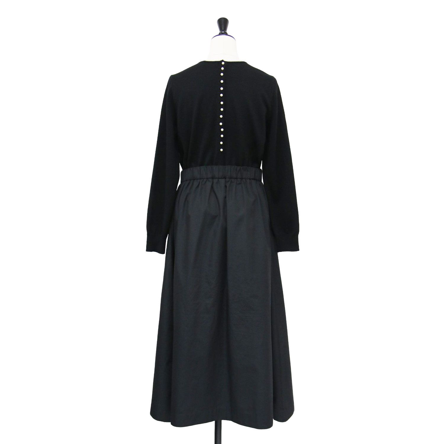 Ballsey ボールジー ワンピース ブラック 黒 サイズ 36 9号 22秋冬 バックパール ドレス 長袖 ウエストゴム フ ギャザー 異素材 布帛 ニット トップス レディース