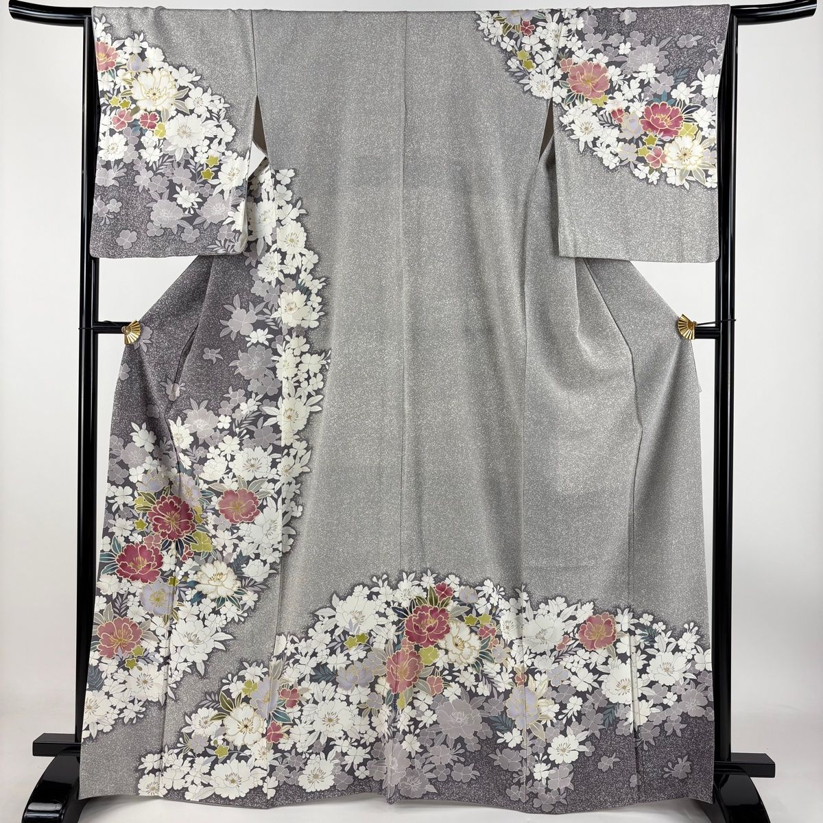 訪問着 身丈166.5cm 裄丈66.5cm M 袷 草花 金糸 金彩 灰紫 正絹 秀品