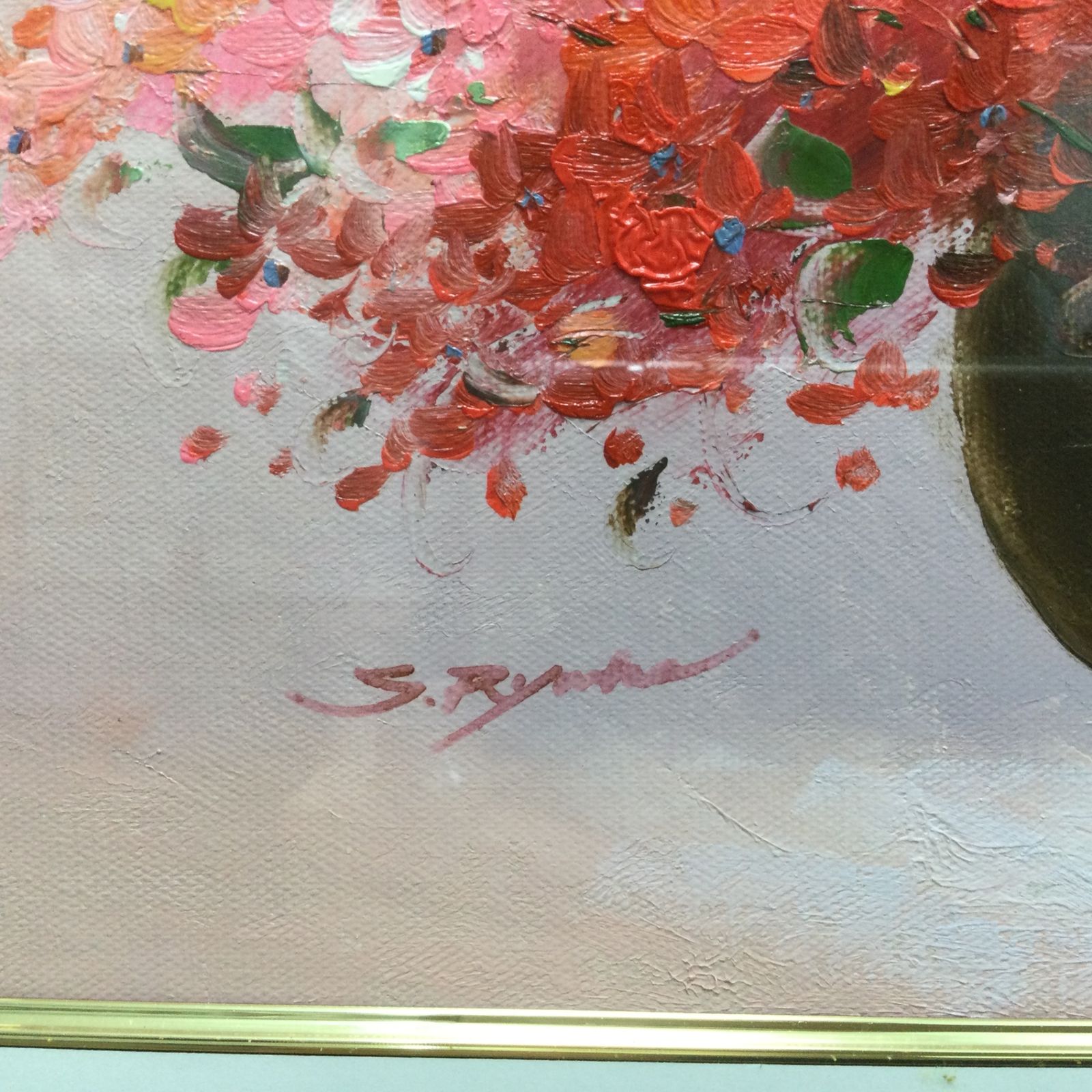 7046 【真作】申龍子 「赤い花」 10号 人気作家 韓国 風水絵画