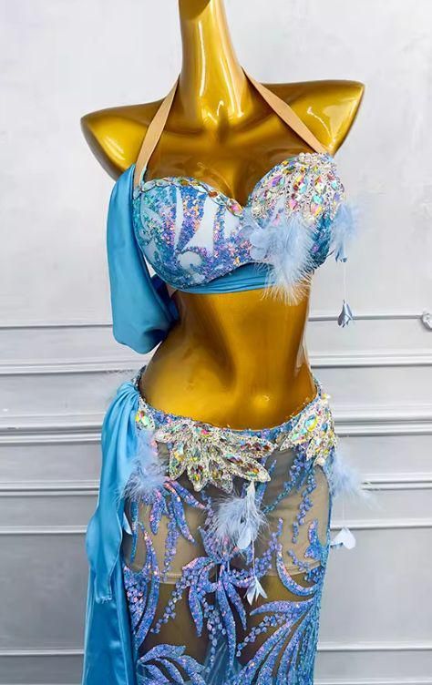 ベリーダンス オリエンタル衣装 透けます 水色ブラ スカート オーダーメイド