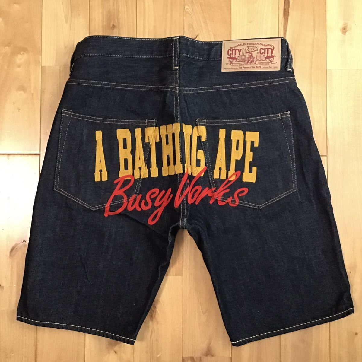 BAPE LOGO 刺繍 デニム ハーフパンツ Mサイズ a bathing ape BAPE denim shorts エイプ ベイプ アベイシングエイプ  ショーツ NIGO - メルカリ