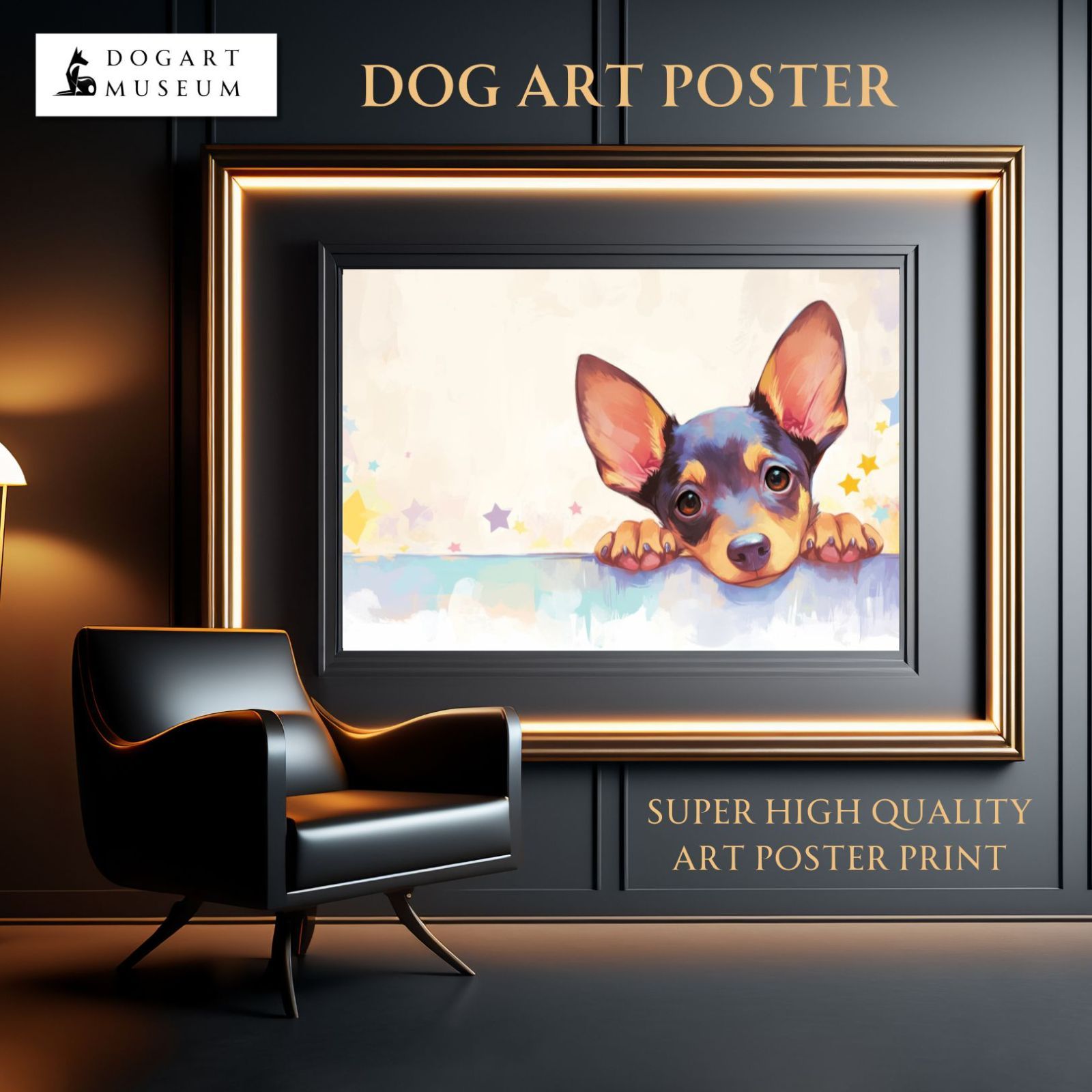 The Starry Dog 星降る犬 - ミニチュア ピンシャーの子犬 No.2 星 スター かわいい 子犬 アートポスター 犬の絵 犬の絵画 犬のイラスト
