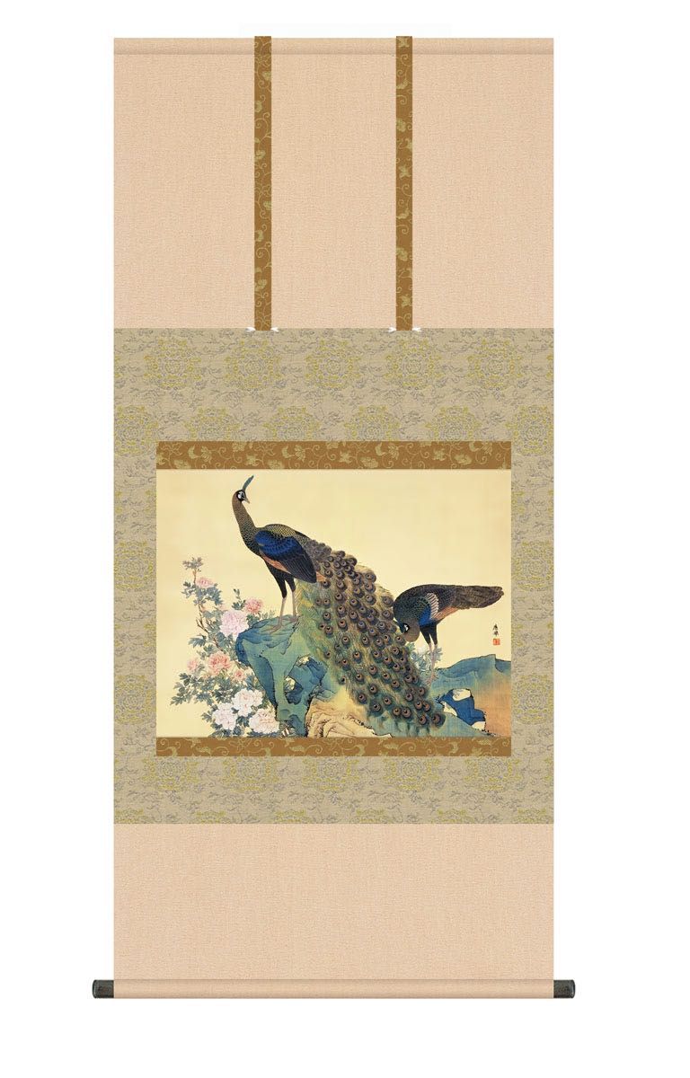 10年保証 掛け軸 牡丹孔雀図 (ぼたんくじゃくず) 円山応挙 新絹本 高
