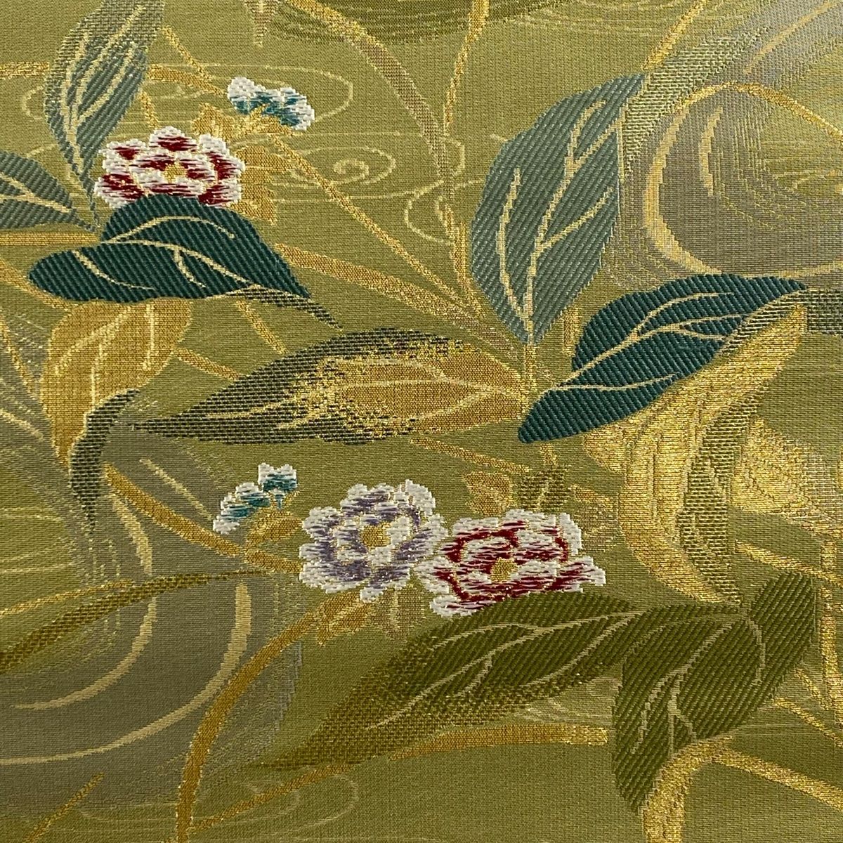 袋帯 美品 秀品 花裳 草花 観世水 金糸 刺繍 灰緑 六通 正絹
