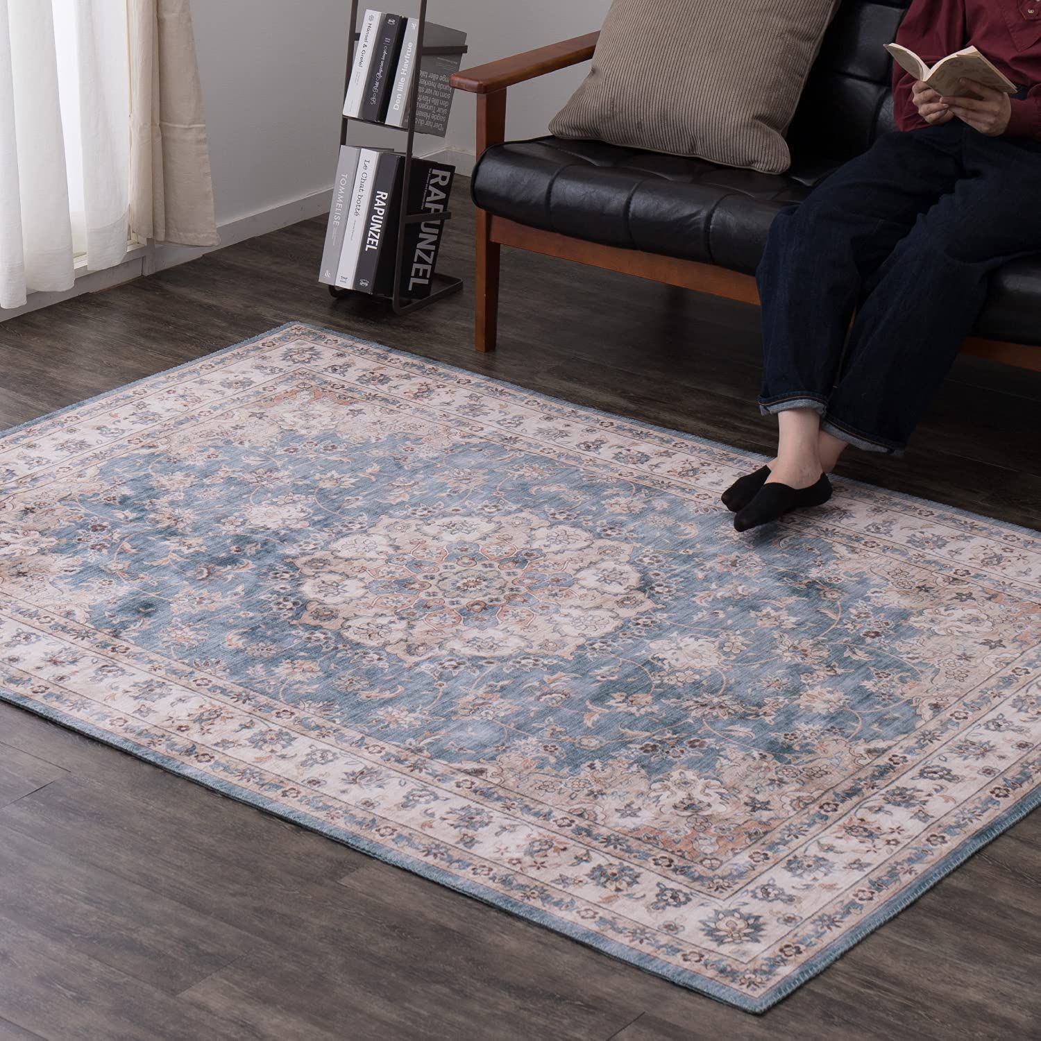 ホット対応 滑りにくい加工付き 洗濯機OK 転写プリントラグ カメオ 約130×190cm ブルー ラグ 萩原