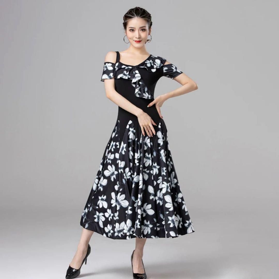 新品 社交ダンス ワンピース ブラック バラ柄　プリント サイズML 新品 社交ダンス ワンピース ブラック バラ柄 プリント サイズML 新品