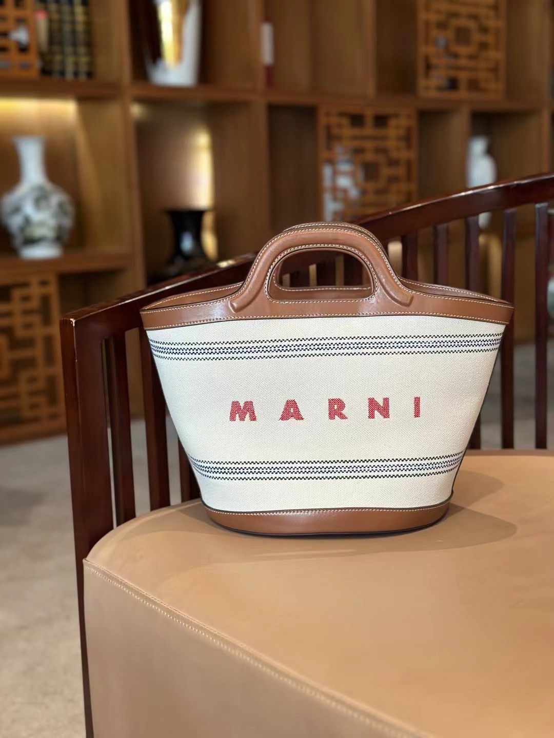 Marni マルニ キャンバスバケットバッグ Lサイズ ベージュブラウン