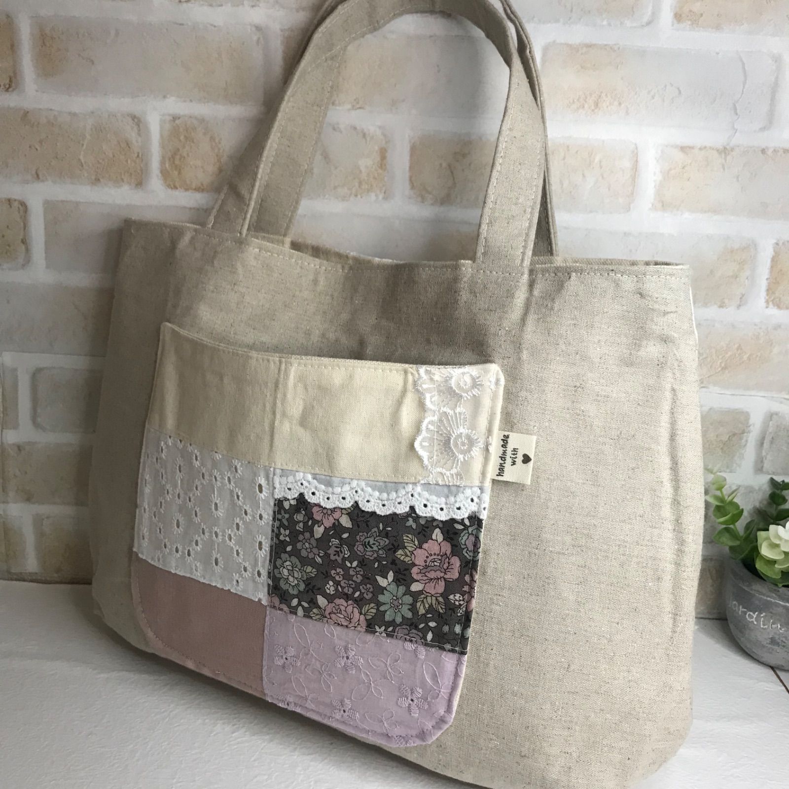 トートバッグ ハンドメイド バックポケットピンク系パッチワーク