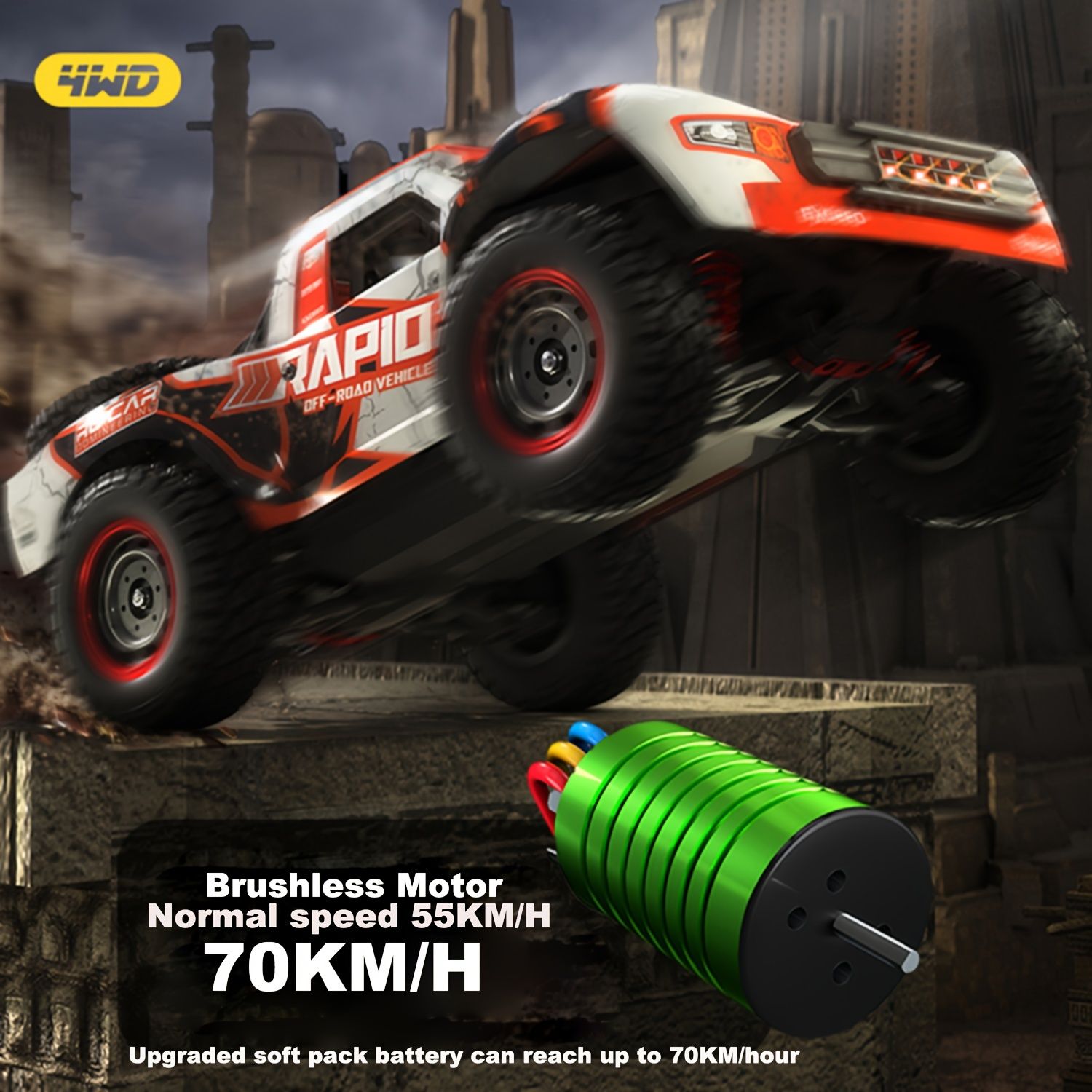 新着商品 1個 70KM|H 高速オフロード車 70KM|H 1 14 スケールの四輪駆動高速度オフロード車は ソフトパックバッテリーを使用して最大速度70KM|時に達することができます オレンジモデル ブラシレスモーター付き と赤青モデル ブラシドモー