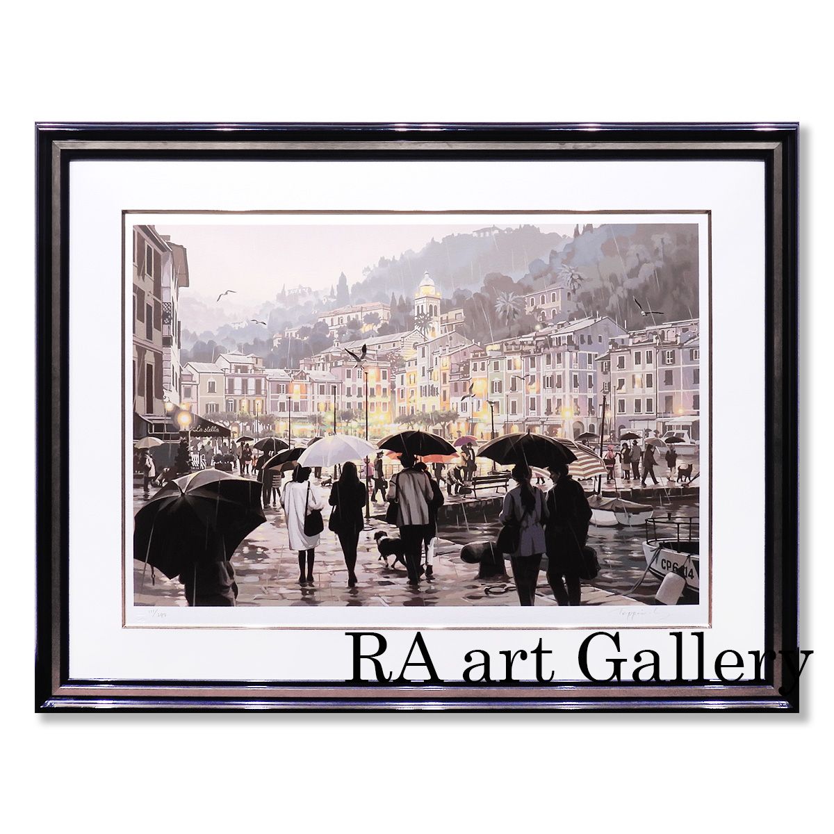 笹倉鉄平 雨のポルトフィーノ 風景画 作家直筆サイン 夜景 版画 絵画 真作保証 笹倉鉄平 雨のポルトフィーノ 風景画 作家直筆サイン 夜景