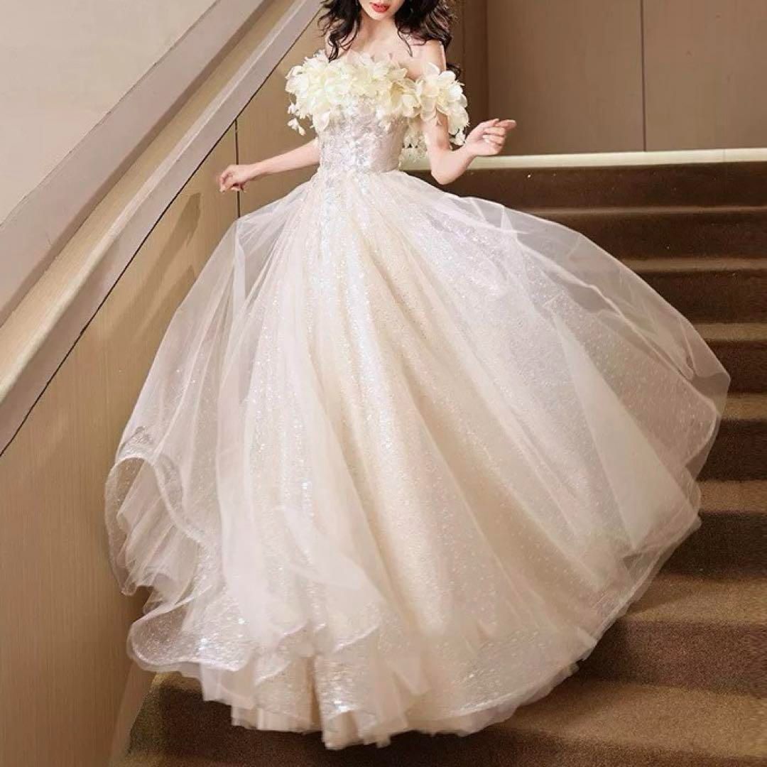 お花のデザインがゴージャスな長袖のオフショル ロングドレス 25年新作 新品未使用 お花のデザインが美しくゴージャスな