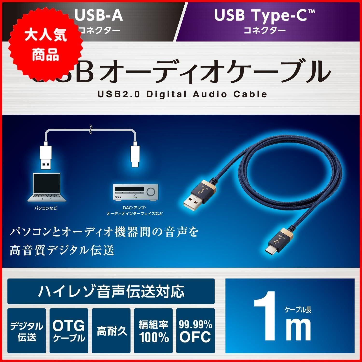 エレコム USB ケーブル オーディオ用 変換 タイプA タイプC USB-A USB-C iPhone15対応 音楽伝送 OTG  ハイレゾ音声 ナイロンメッシュ 1m ネイビー 【 DAC アンプ オーディオインターフェイスなどに対応 】 DH- メルカリ