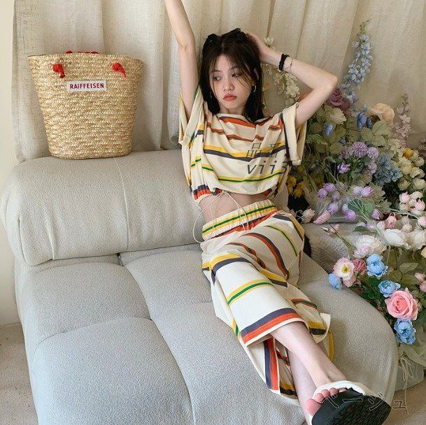 セットアップ Tシャツ 半袖 スカート ボーダー柄 韓国 コーデ オルチャン ストリート Y2K ファッション 原宿系 レディース vii3v778439