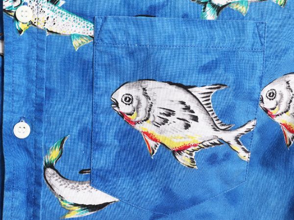 90s Columbiaコロンビア 魚 総柄 ボタンダウン 半袖 シャツ