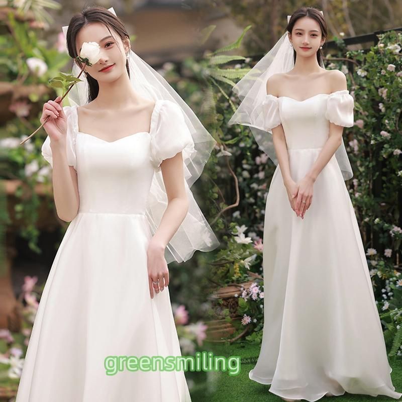 ウェディングドレス ロングドレス 半袖 二次会 結婚式 前撮り 花嫁 ウエディングドレス サテン 大きいサイズ パーティードレス ファスナー ブライダルLYX