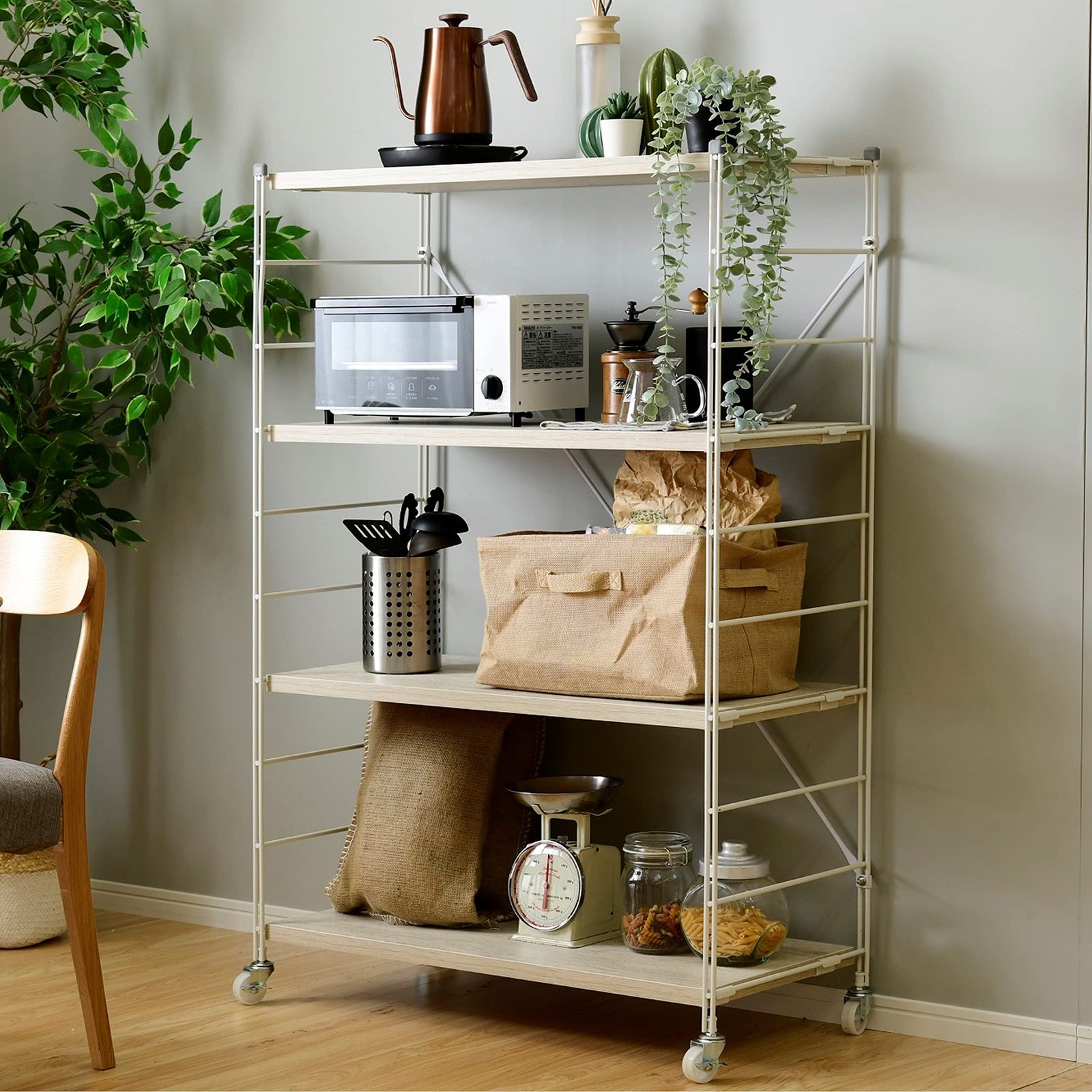 山善 YAMAZEN ラック キャスター付き 全体耐荷重100㎏ 棚板カンタン高さ調節 幅86×奥行41.5×高さ128㎝ 組立品 アンティークホワイト MWS-12844C AWH|MWH