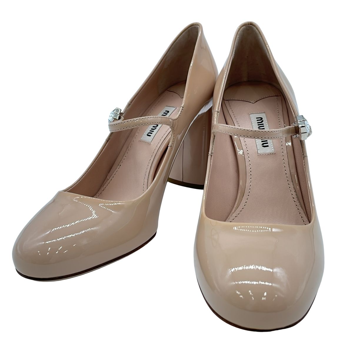 miu miu ミュウミュウ クリスタル装飾チャンキーヒールエナメル  