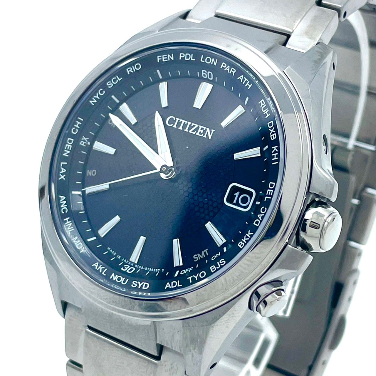 稼働品 CITIZEN シチズン メンズ 腕時計 エコドライブ 電波ソーラー H149-S118921 ワールドタイム ネイビー文字盤 シルバー 多機能 ビジネス スタイリッシュ アナログ 10気圧防水 パーペチュアルカレンダー クリーニング済 G6