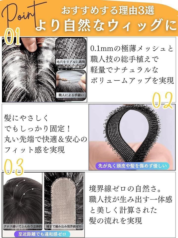 ピンなし部分ウィッグ 頭頂部