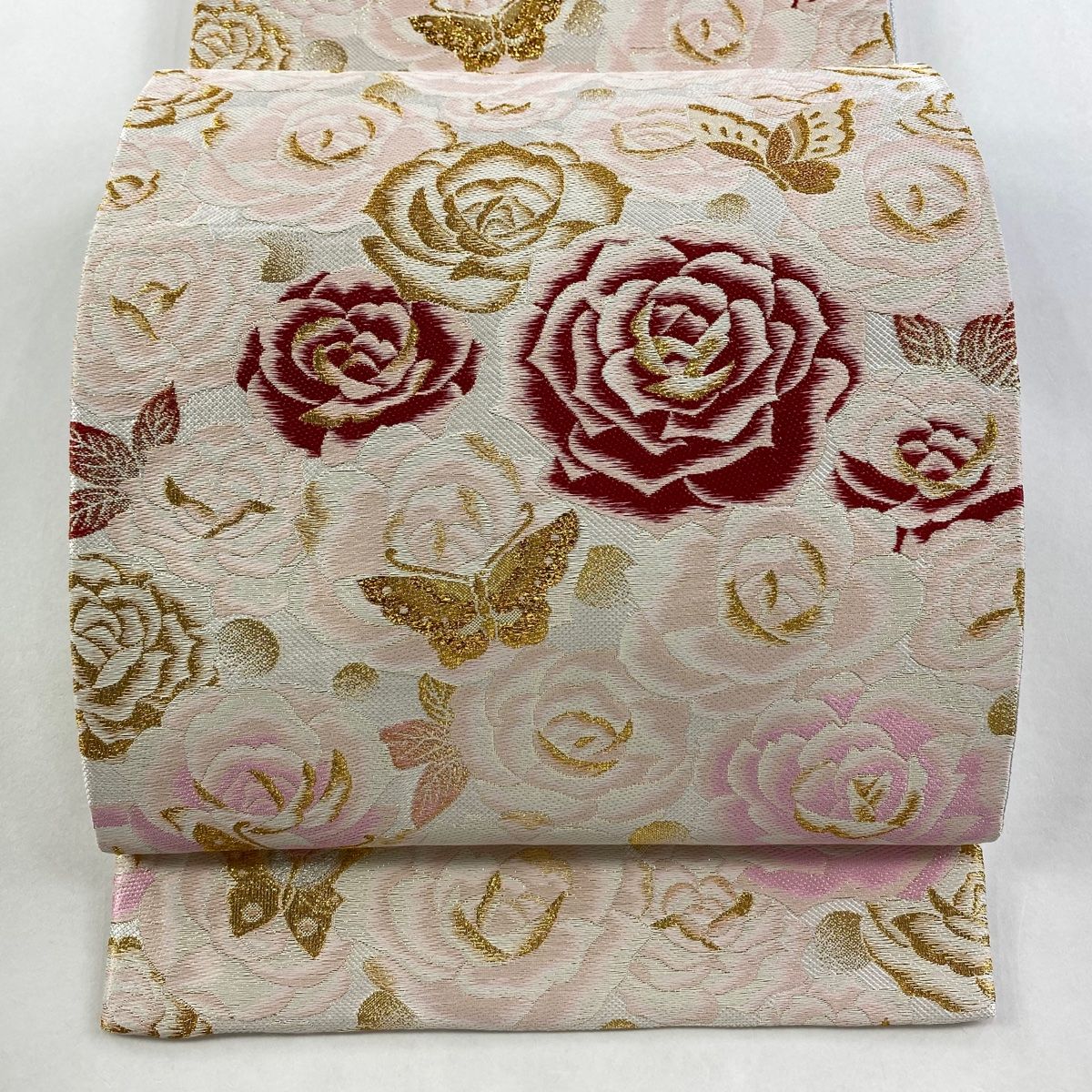袋帯 秀品 薔薇 蝶 金糸 箔 薄ピンク 六通 正絹