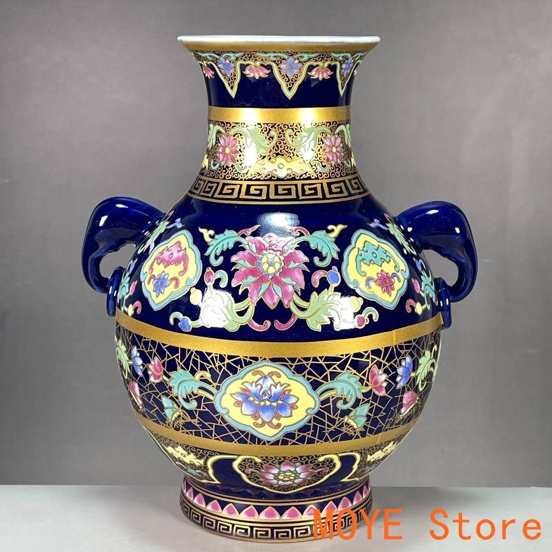 清乾隆藍底花卉図紋双象耳賞瓶 景徳鎮 陶磁器 装飾品 現代工芸品 美術品 置物 清乾隆藍底花卉図紋双象耳賞瓶 景徳鎮 陶磁器 装飾品 現代工芸品 美術