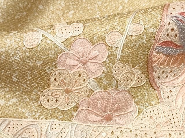 付け下げ　スワトウ刺繍　桜　梅花　扇　流水　花模様　着物　020k 平和屋着物▽中国三大刺繍 スワトウ刺繍 総刺繍 訪問着 鏡裏鳳凰