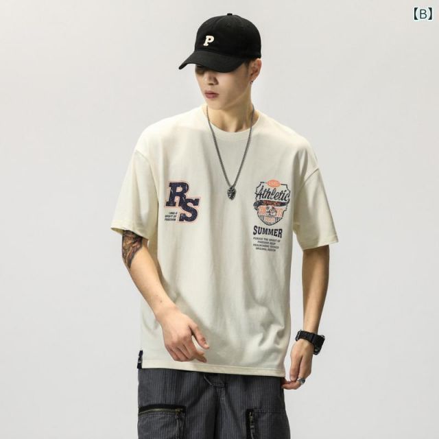 [L ]メンズ 男性用 ファッション オシャレ シンプル 大人 かっこいい ストリート ヒップホップ HipHop ライト コーマ 綿 半袖 T シャツ 夏 薄手 プリント T シャツ ワイド アメリカン レトロ 大き