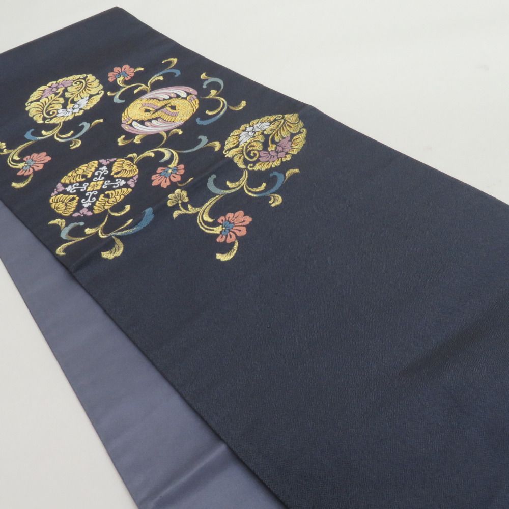 袋帯 鹿の子に花鳥丸文 紫色 金糸 正絹 礼装 フォーマル 着物帯 長さ436cm