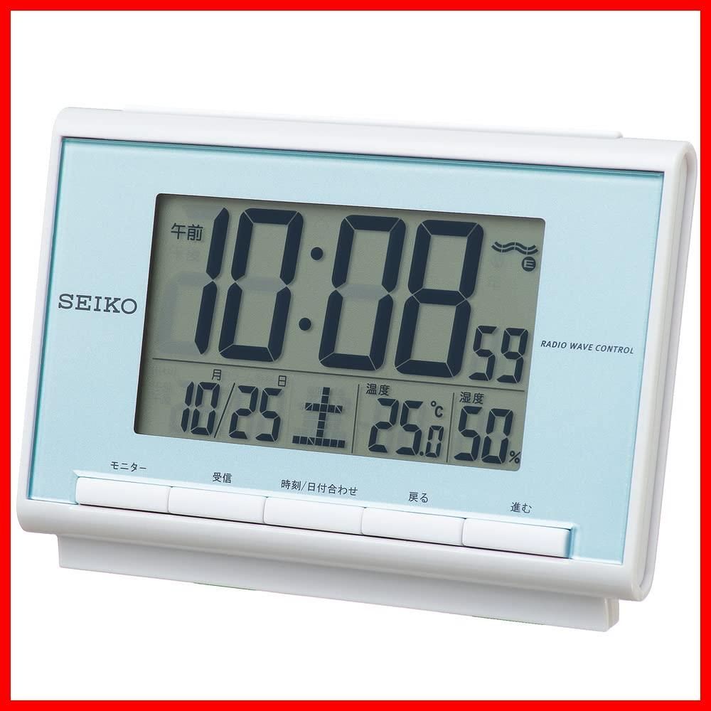 セイコー クロック 目覚まし時計 電波 デジタル カレンダー 温度 湿度 表示 薄青 パール SQ698L SEIKO