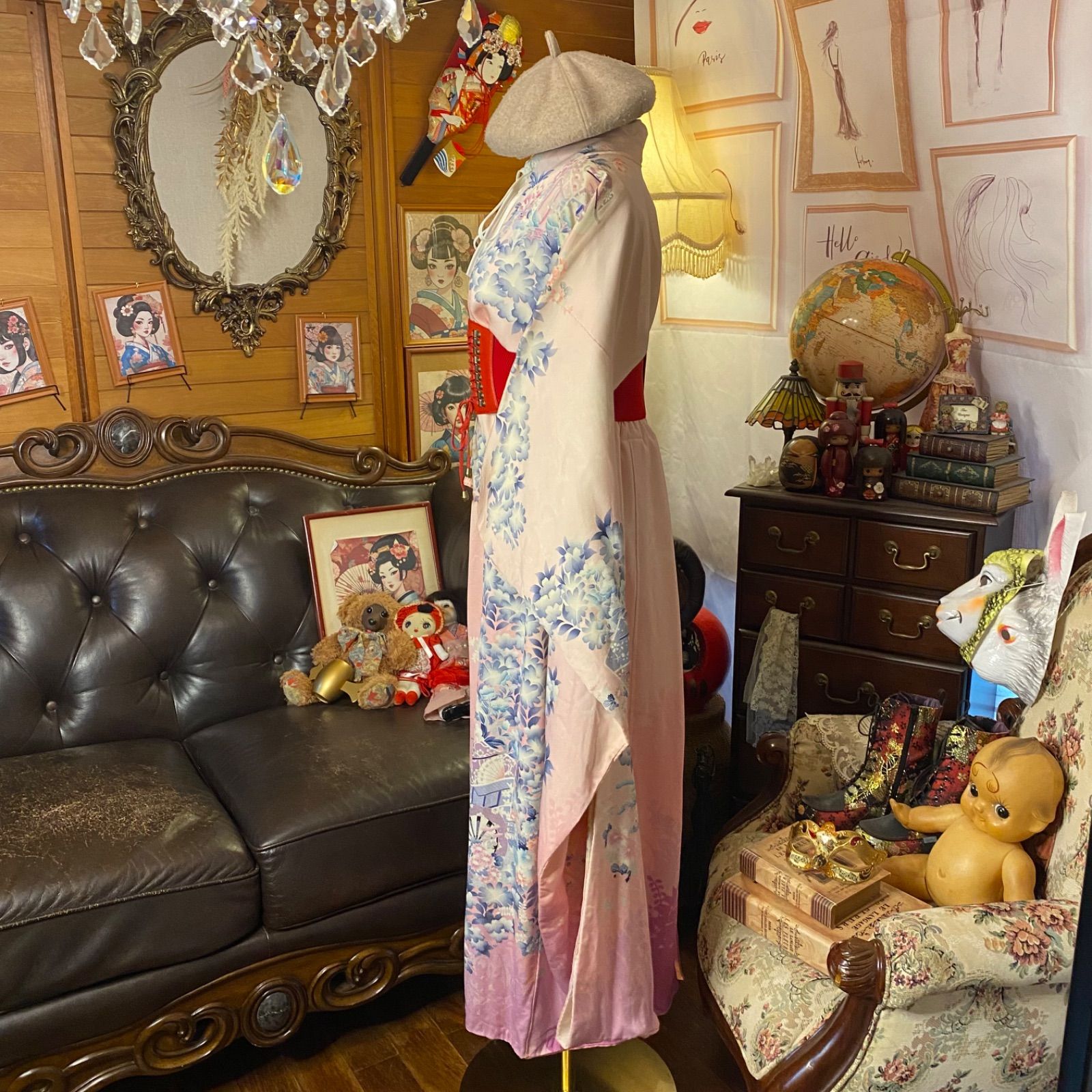 豪華！ 振袖 着物リメイク ドレス レース袖 金糸金箔牡丹 和柄