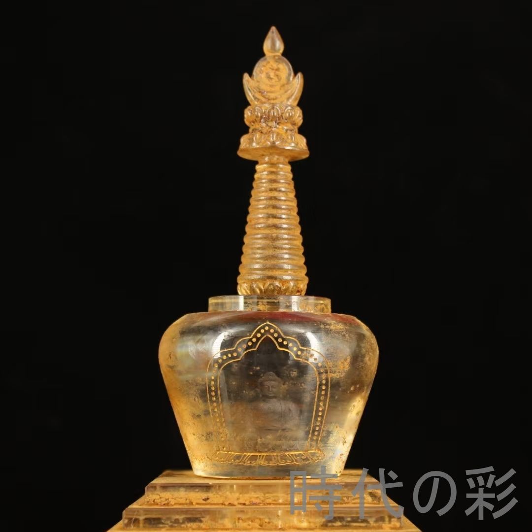 中国古美術 清代 老水晶 彫刻 図騰 描金 幻影 釈迦牟尼佛祖 舎利塔 佛教無上金剛舍利入 唐物 細工 古賞物 置物 時代物 収集 古美味 旧家蔵出 R07100317