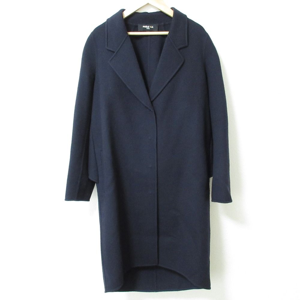 PAULE KA ポールカ カシミア×シルクブレンド メルトン バックリボン チェスターコート 36 ネイビー レディース 古着