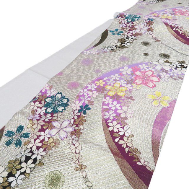 袋帯 振袖用 リサイクル 正絹 フォーマル 仕立て上がり 六通 桜模様 箔糸 マルチカラー 多色 金銀 きもの北條 A1286-21