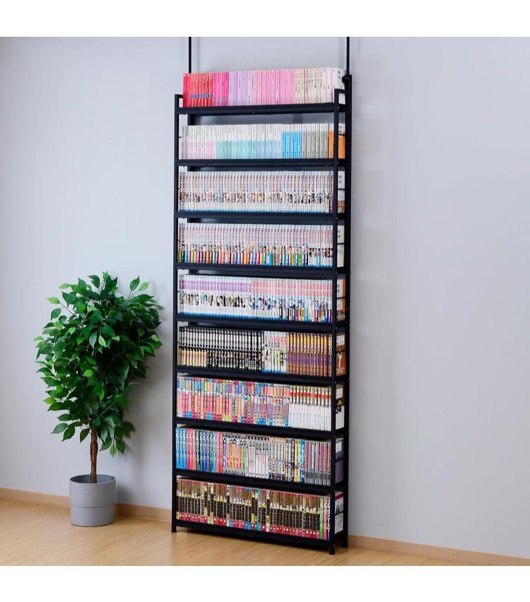 山善 YAMAZEN 本棚 突っ張り 大容量 スリム 全体耐荷重180㎏ 幅81×奥行15.5×高さ210.5-270㎝ 壁面収納 ラック 組立品 ブラック RTRS-8015 BK|BK4