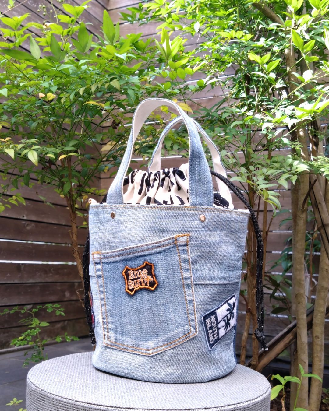 ハンドメイド　デニムリメイク バッグ　マルシェ　バケツバッグ デニムリメイク バケツバッグ デニムリメイク バケツトート