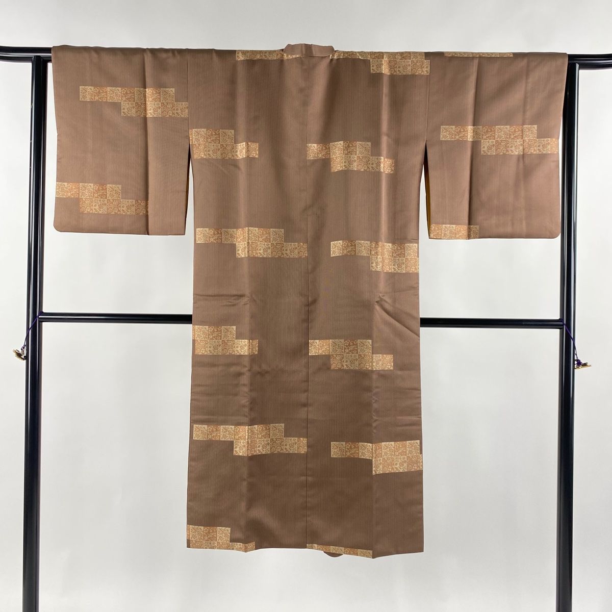 道行 身丈121.5cm 裄丈64cm M 和装コート 千代田衿 草花 縦縞模様 茶色 正絹