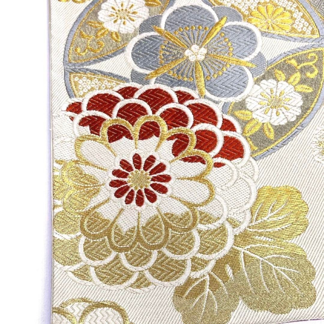 振袖帯 七宝 梅花 菊花 リーフ 桜 白地 金糸 着物 041a d 【公式通販】