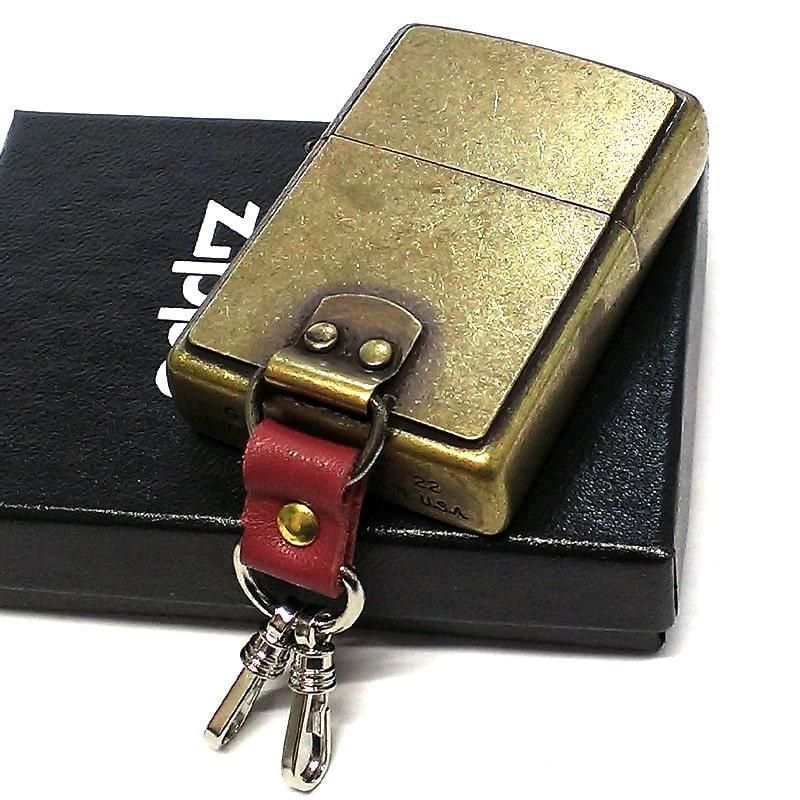 ZIPPO キーホルダー 真鍮バレルメタル 赤レザー ジッポ ライター
