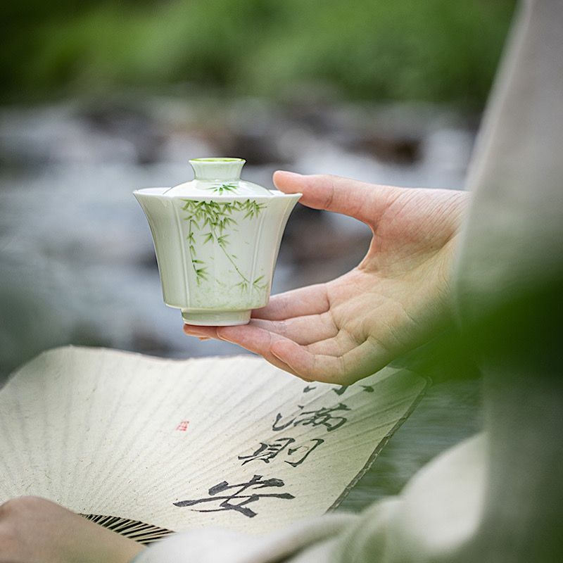 【新作】「手描き蓋碗」中国高級茶器 景徳鎮産「竹」 蓋碗 陶磁器 箱入り おしゃれ 茶道具 中国茶器 台湾茶器 烏龍茶 台湾ウーロン茶 結婚お祝い プレゼント