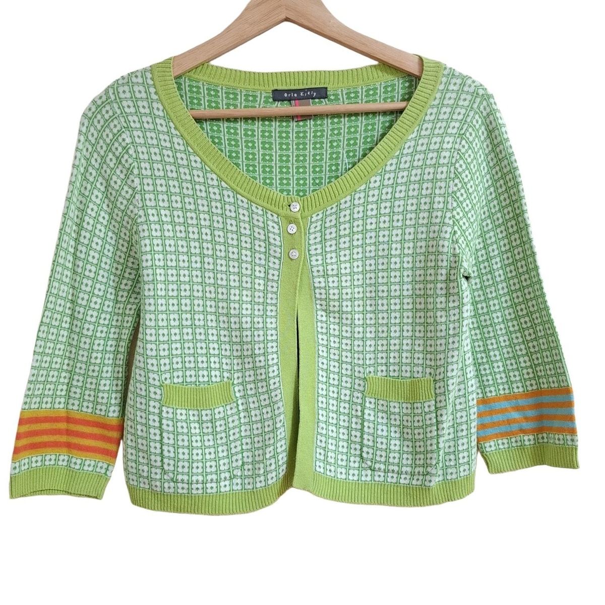 orla kiely オーラカイリー カーディガン サイズ2 M レディース - 白×グリーン×マルチ 長袖