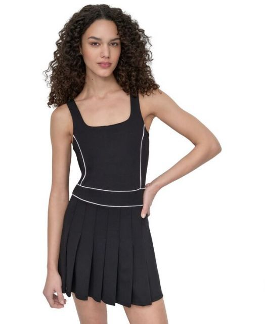 送料無料 ダナ キャラン ニューヨーク レディース ワンピース トップス Women s Contrast-Piping Pleated Sleeveless Dress Black|white
