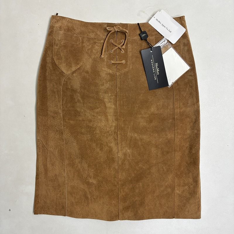 ◆ MAX MARA マックスマーラ スカート タグ付き レザー タイト 膝丈 革100％ リボン 古着 ベージュ サイズ42 レディース 0.35kg