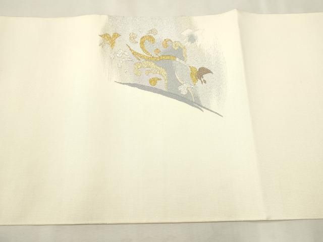 平和屋着物○爪掻き本綴れ 八寸名古屋帯 色紙重ね群鶴花文 白鼠色 金